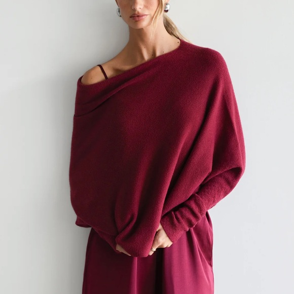 JAKI London Asymmetric Draped Sweater Seamless Knit Burgundy Sz S / M MSRP $248 - Picture 3 of 10